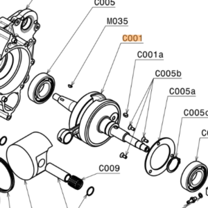 C001 | Crankshaft with push rod, Flywheel Nut 12x1.25mm, Washer and Seeger Ø30mm
