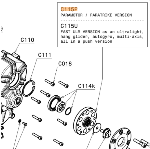 C115p | Hubber center & fixing propeller ONLY for paramotor and paratrike, with fixing bolt and anti-unscrewing plate, orange - Image 2